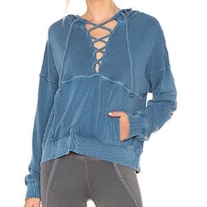 Free people movement believer Women's Blue Lace-Up Hooded Pullover Top sweater